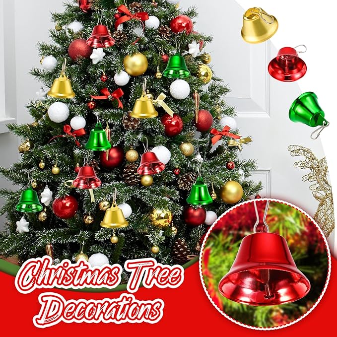30 Pieces Craft Bells Small Brass Bells for Crafts Mini Vintage Bells with Spring Hooks Tiny for Hanging Wind Chimes Making Dog Training Doorbell Wedding Decor, 1.65 x 1.5 Inch(Red, Green, Gold)