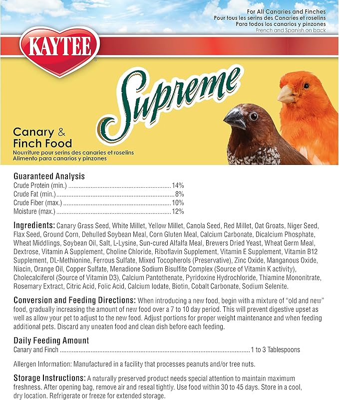 Kaytee Supreme Pet Canary & Finch Food, Natural Seed & Grain Blend with Added Vitamins & Minerals, No Artificial Colors or Flavors, 20 Pounds