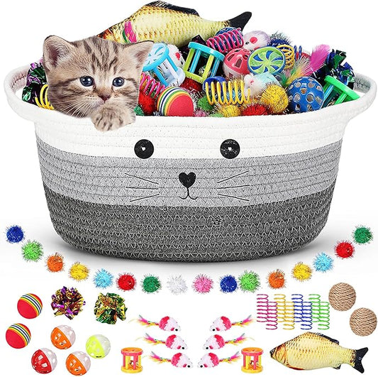 Zopeal 58 Pcs Mother’s Day Cat Storage Basket Gift Toys Set, Colorful Flashing Balls Pet Bell Crinkle Balls Spring Toys Attract Cat to Swat, Hunt, Interactive for Pet(Multicolor,12 Inch)