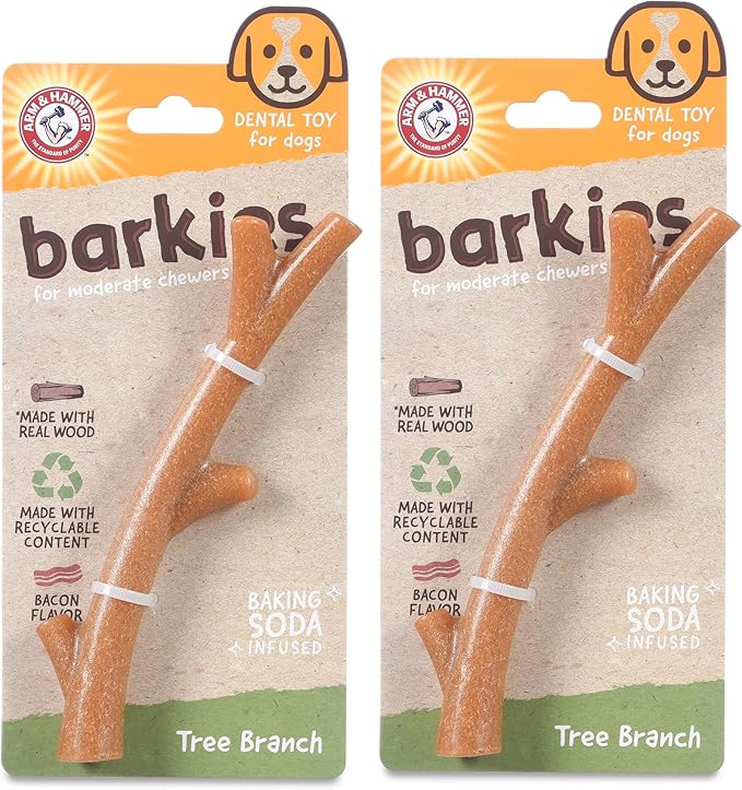 Arm & Hammer for Pets Barkies Tree Branch Compressed Wood Collection, 8 Inch Bacon Flavored Chew Toy for Dogs, Faux Stick, Splinter-Free, Safer Alternative to Chewing Sticks - 2 Pack