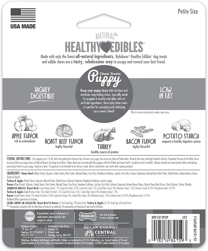 Nylabone Healthy Edibles Natural Puppy Chews Long Lasting Treats for Puppies, Roast Beef/Apple/Bacon Dog Treats, X-Small/Petite (3 Count)