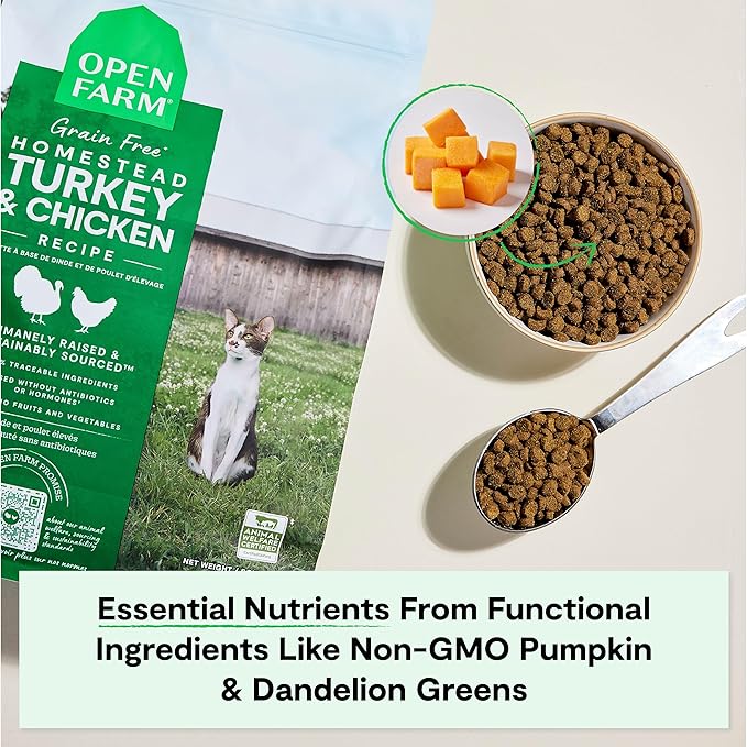 Open Farm, Grain Free Dry Cat Food, High-Protein Kibble for a Complete & Balanced Diet, Non-GMO Fruits & Vegetables, Prebiotic Fibers to Support Digestion, Homestead Turkey & Chicken Recipe, 8lb Bag