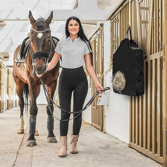 2 Pcs Hay Bag Hanging Goat Feeder Tote Premium Oxford Cloth with Metal Ring and Adjustable Strap for Horses Donkeys Cows Alpacas Ostriches or Other Animals Black