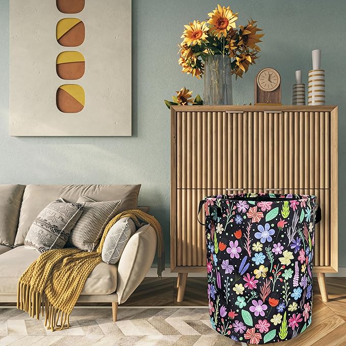 Colorful Flowers Laundry Basket Foldable With Handles Floral Tote Bag Oxford Cloth Universal Laundry Hamper Clothes Storage Bucket Toy Organizer 18.9" x 16.5" For Bathroom/Laundry/Bedroom