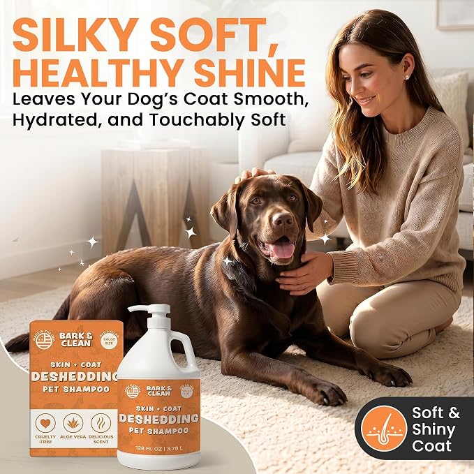 Deshedding Dog Shampoo, Gallon Sized - Skin and Coat Shedding Shampoo with Pump, 18:1 Dilution - Made with Baking Soda, Aloe, and Coconut for Buildup and Dander