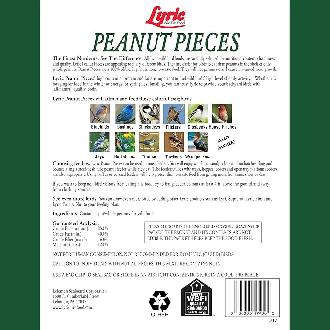Lyric Sunflower Kernels No Waste Wild Bird Seed 25 lb Peanut Pieces - Shelled Peanuts for Wild Birds 15 lb - Perfect for Your Backyard Feeders