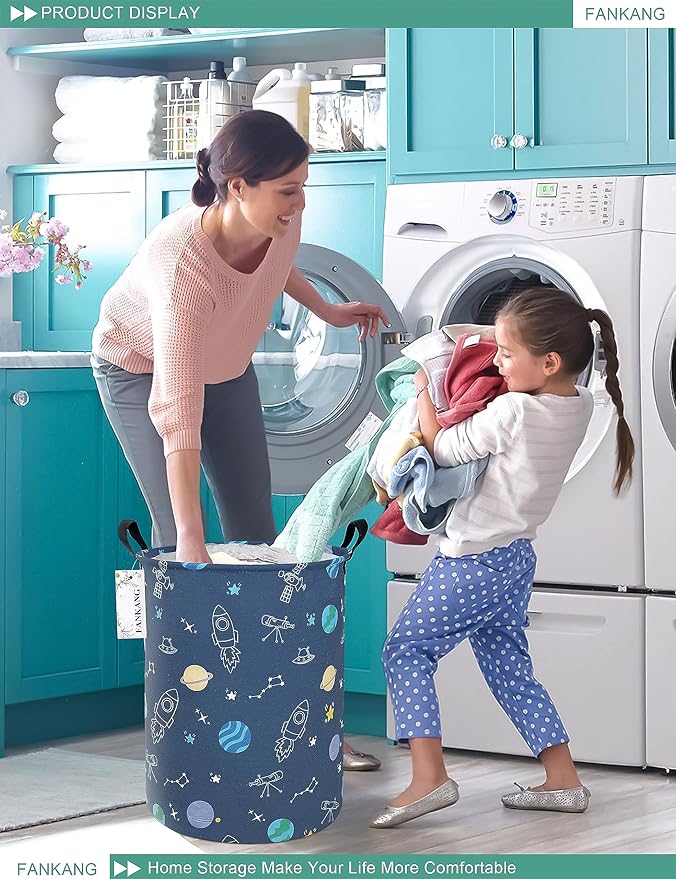 Storage Basket, Nursery Hamper Canvas Laundry Basket Foldable with Waterproof PE Coating Large Storage Baskets for Kids Boys and Girls, Office, Bedroom, Clothes,Toys（Colorful Space ）