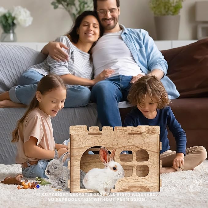 Larger Bunny Castle Sturdy Walnut Color Wooden Rabbit Hideout for Bunnies Guniea Pigs Ferrets Chinchillas Hamsters LXUS (Single Castle)