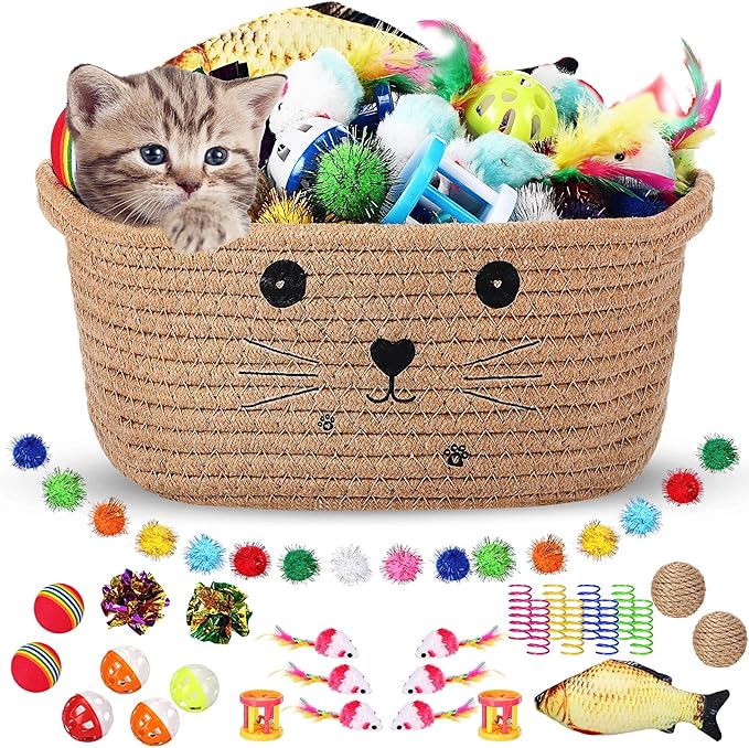 Zopeal 58 Pcs Mother’s Day Cat Storage Basket Gift Toys Set, Colorful Flashing Balls Pet Bell Crinkle Balls Spring Toys Attract Cat to Swat, Hunt, Interactive for Pet(Khaki,9.8 Inch)