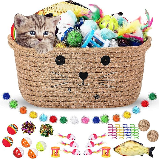 Zopeal 58 Pcs Mother’s Day Cat Storage Basket Gift Toys Set, Colorful Flashing Balls Pet Bell Crinkle Balls Spring Toys Attract Cat to Swat, Hunt, Interactive for Pet(Khaki,9.8 Inch)