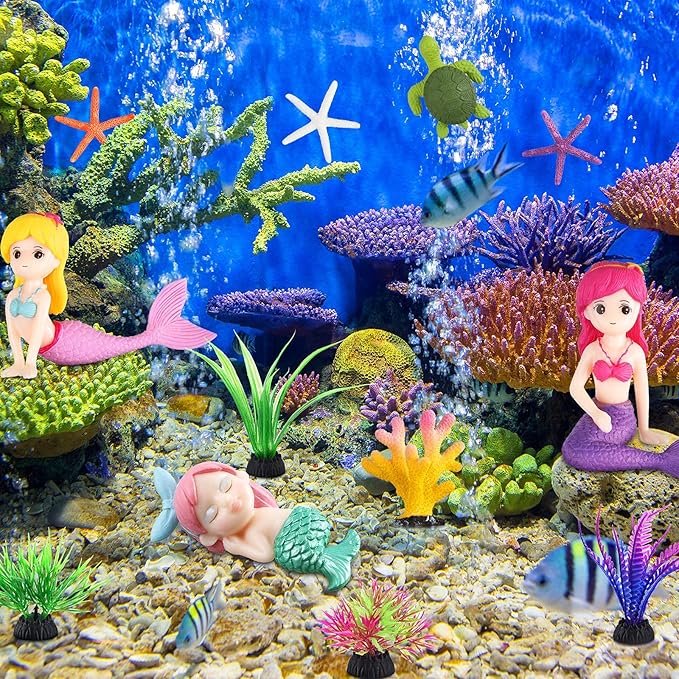Jetec Aquarium Fish Tank Mermaid Ornament Miniature Mermaid Figurines with Simulated Seaweed for DIY Craft Aquarium Fish Tank Desk Accessories Decoration
