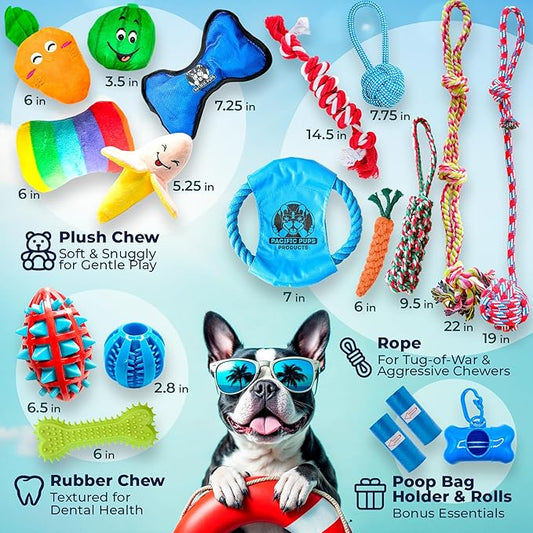 Pacific Pups 18 Piece Bulk Dog Toy Pack - Chew, Plush, and Rope Dog Toys to Keep Them Busy - Puppy Teething Chew Toys, Treat Ball, Squeaky Plushies, Tug of War Ropes, Rubber Chew - Helps Rescue Dogs