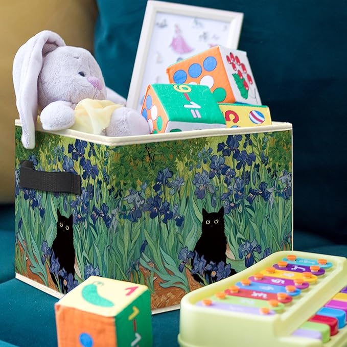 Irises Floral Black Cat Storage Bin Box, Cat Lover Mom Lady Grandma Gifts Collapsible Storage Basket Organizer for Bedroom Bathroom Home Clothes Toys Books, Toybox for Girls