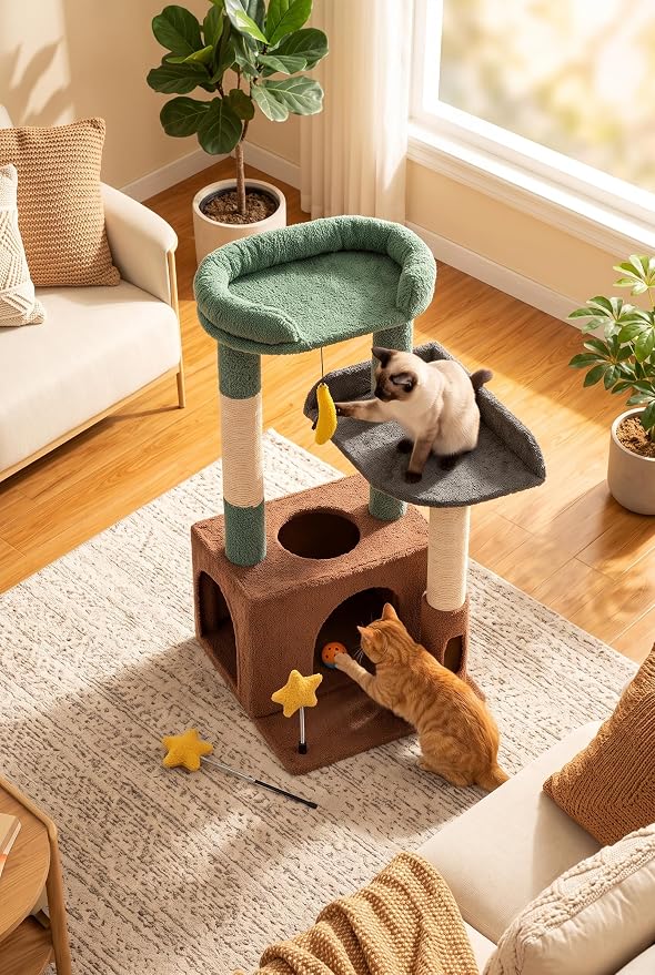 31" Cute Cat Tower for Indoor Kittens with Cat Condo, Plush Platform, Hammock, Sisal Scratching Posts, Dangling Ball, Tall Cat Tree Tower with Self-Grooming Brush (Olive Green)