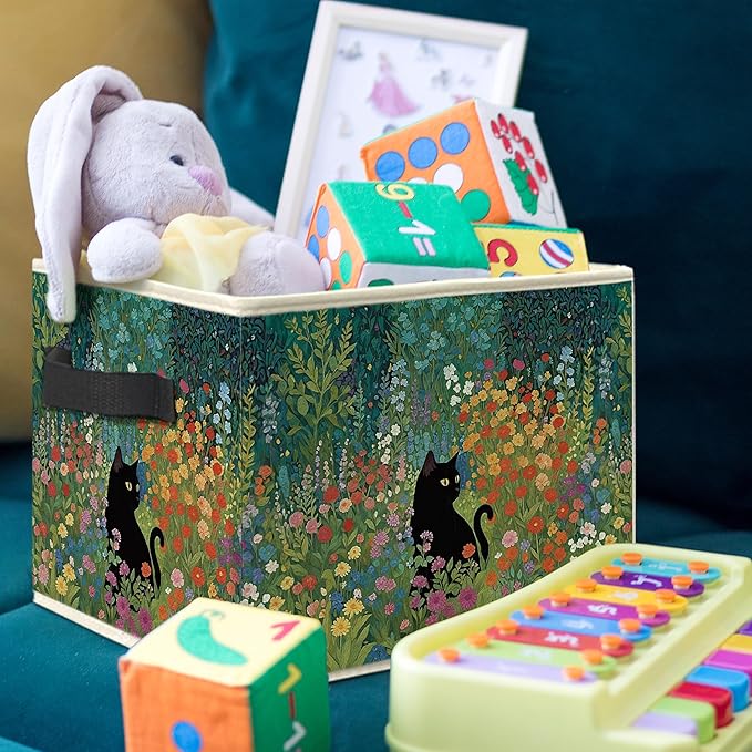 Wildflower Black Cat Storage Bin Box, Cat Lover Mom Lady Grandma Gifts Collapsible Storage Basket Organizer for Bedroom Bathroom Home Clothes Toys Books, Toybox for Girls