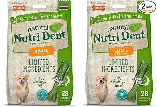 Nylabone Nutri Dent Dog Dental Chews - Natural Dog Teeth Cleaning & Breath Freshener - Dental Treats for Dogs - Fresh Breath Flavor, Small (28 Count) (Pack of 2)