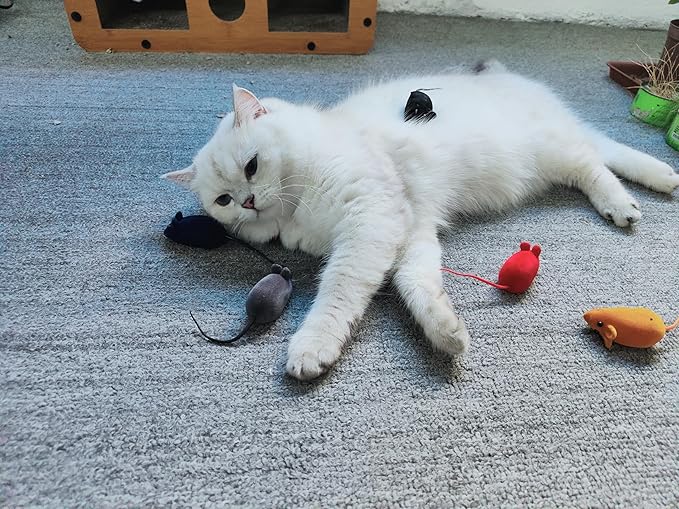 Andiker 6Pcs Cat Mouse Toys, 6 Colors Flocking Squeaking Small Soft Kitten Mice Toys Catch and Fetch Interactive Cat Toys for Indoor Cats and Kitten