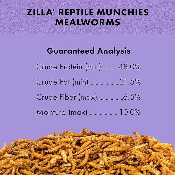 Zilla Reptile Munchies, Mealworms, All-Natural, Dehydrated Mealworms, Ideal for Bearded Dragons, Leopard Geckos, Chameleons and other lizards, Resealable Bag