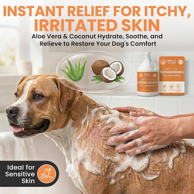 Deshedding Dog Shampoo, Gallon Sized - Skin and Coat Shedding Shampoo with Pump, 18:1 Dilution - Made with Baking Soda, Aloe, and Coconut for Buildup and Dander