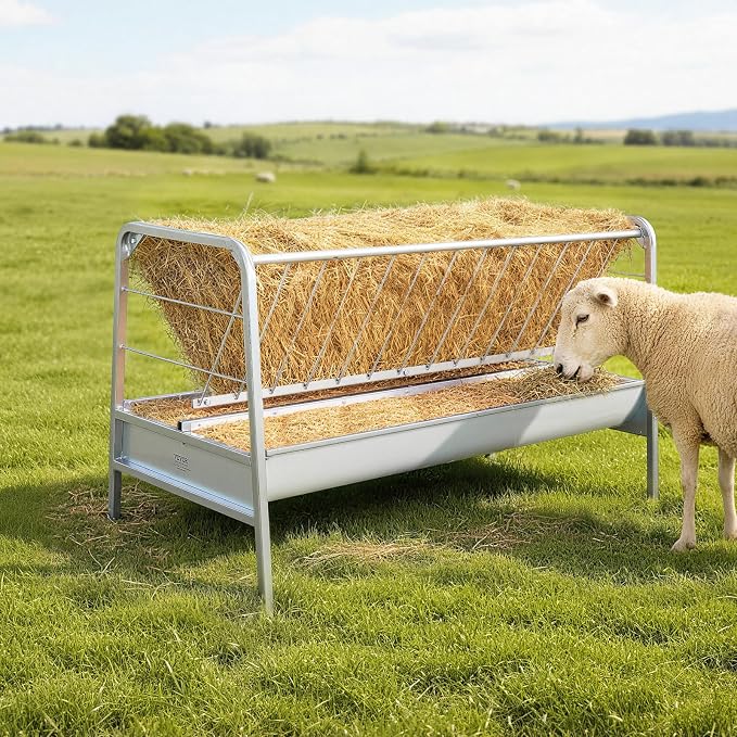 VEVOR Livestock Hay Feeder, 2 in 1 Grain & Hay Feeder, 80-Gallon Capacity, 57.9" Long Goat Pasture Feeding with Deeper Feeding Pan, Heavy Duty Steel Grain Holder for Sheep Sheds, Farms, Horse Barns
