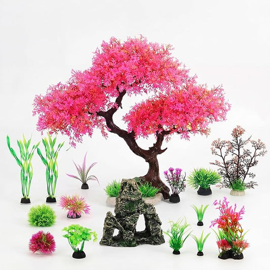 Suncalla 16 Pcs Aquarium Fish Tank Plastic Plants and Cave Rock Decorations Decor Set Pink Cherry Blossom Tree Aquarium Decor Set Small and Large Artificial Fish Tank Plants Accessories