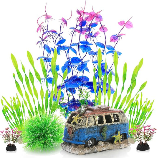 ALEGI Fish Tank Decorations Plants with Resin Cave Rock View, Aquarium Decor Accessories Plastic Plants, Fish Cave and Hideout Ornaments (Purple Set)