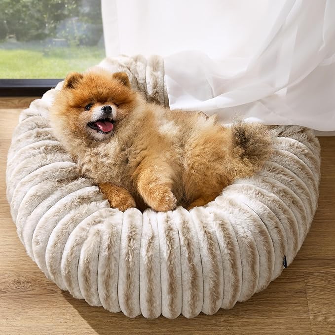 Bedsure ComfyFleece™ Donut Small Dog Bed - Dog Beds for Small Dogs with Corduroy Fleece & Anti Slip Bottom, Round Faux Fur Pet Beds with Washable Removable Cover, Amphora, 23x23x7 inches