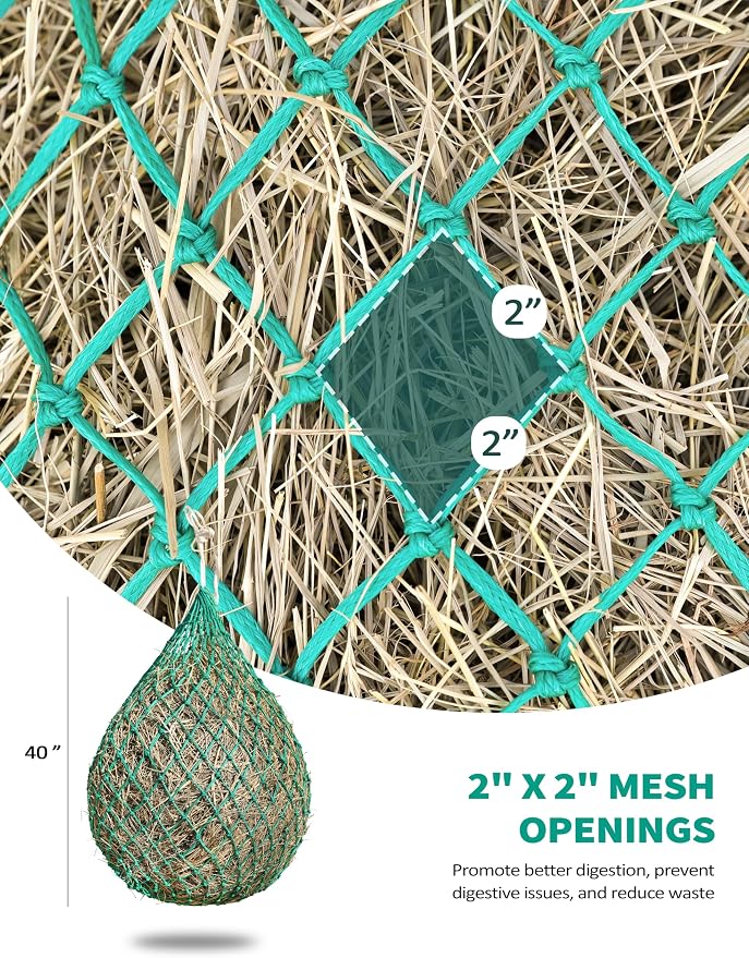 Harrison Howard 2 PCS Slow Feed Hay Net for Horses, 40 Inch Hay Bag Holds 1–2 Flakes, 2 Inch Mesh Durable Hanging Feeder for Stable, Pasture & Livestock-Grass Green