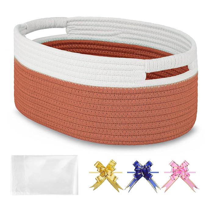 Small Woven Basket with Gift Bags and Ribbons, Empty Baby Gift Baskets for Kids Women Men, Shelf Storage, Small Cat Dog Pet Toy Boxes, 13”x 9”x 5.5”, Autumn Glaze