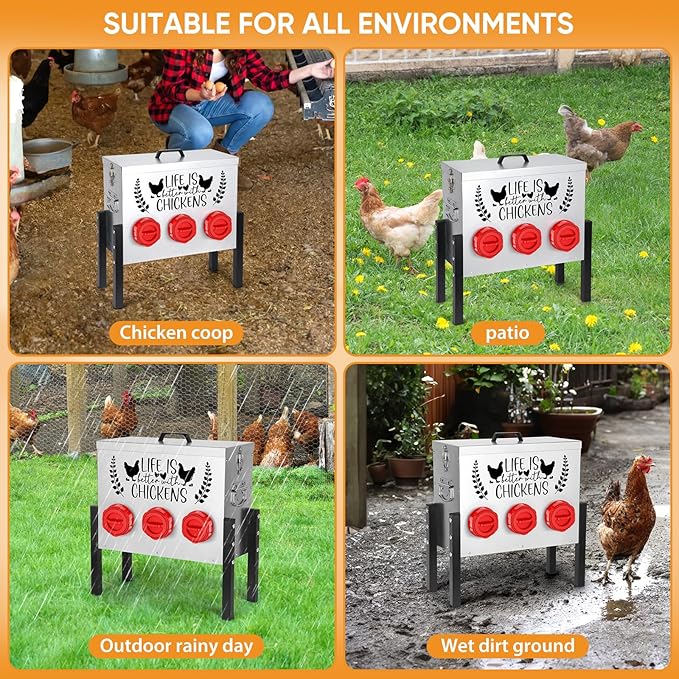TGEYD 30 lb Chicken Feeder with 6 No-Waste Ports – Heavy-Duty Outdoor Metal Feeder with Adjustable Height, Locking Lid & Riveted Handles – Rustproof Feed Box for Poultry & Backyard Chickens