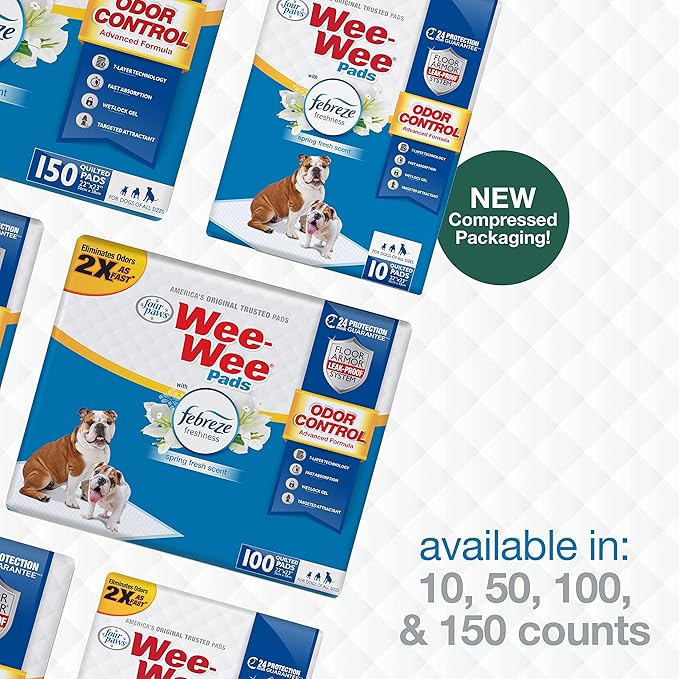 Four Paws Wee-Wee Odor Control with Febreze Freshness Pee Pads for Dogs & Puppies, Leak-Proof Dog Housebreaking Potty Training Floor Protection, Spring Fresh Scent, 22" x 23", 150 Count