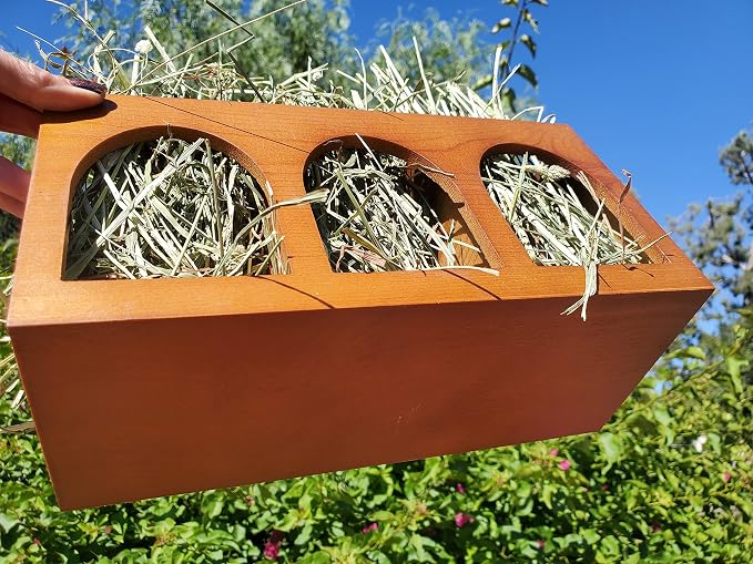 "Closed Bottom Hay Feeder Natural Pine Wood Arch Guinea Pig Hay Rack with Option to Attach to Cage (Warm Cherry with Bottom)