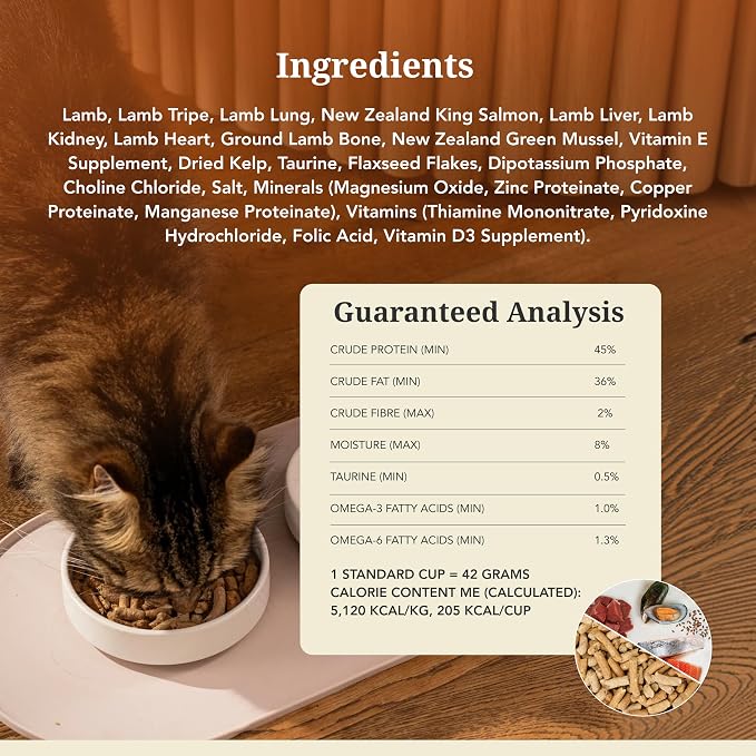 Feline Natural High Protein Dry Cat Food, Freeze-Dried Diet with 98% Meat, Organs & Seafood, No Peas, Grains, or Artificial Additives, Made in New Zealand, Lamb & King Salmon, 1.8lb