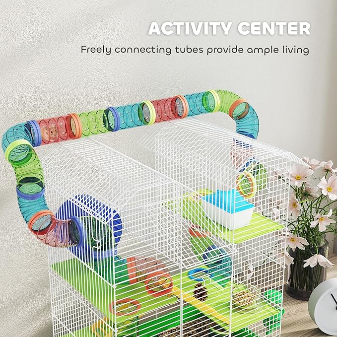 PawHut 18.5" 5 Tier Hamster Cage with Tubes and Tunnels, Small Animal Cage, Rat Gerbil Cage with Water Bottle, Food Dish, Exercise Wheel, Green