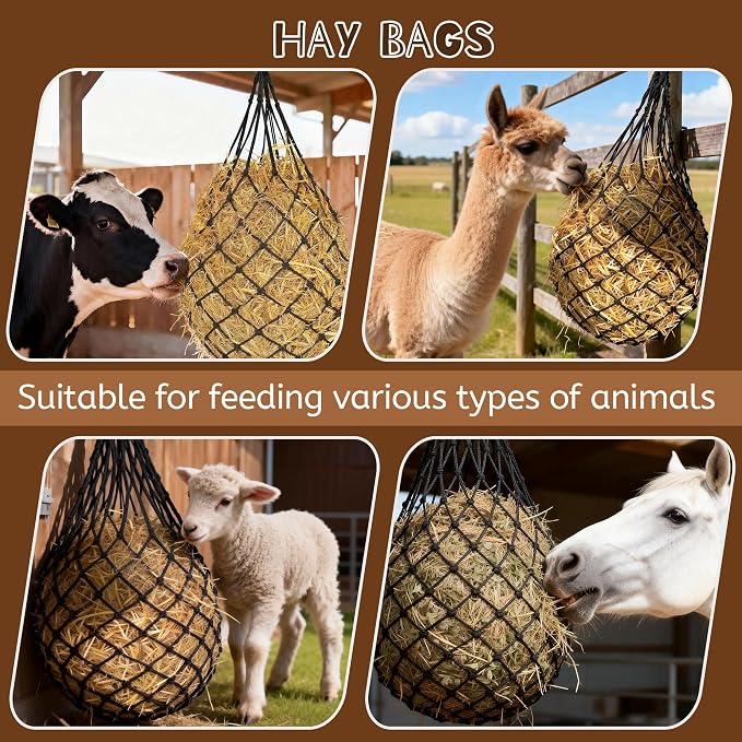 3 Pcs 47" Large Heavy Duty Hay Nets for Horses,Slow Feed Hay Bags for Horses – Hanging Hay Net Feeder with Straps & Hooks for Stall, Fence, Trailer, Goats & Sheep
