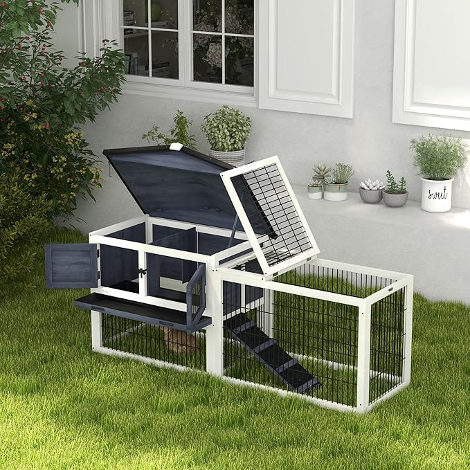 PawHut Rabbit Hutch Outdoor Indoor, 54" L Large Rabbit Cage with Waterproof Openable Roof, No-Leak Tray, Ramp, Run, for Bunnies, Guinea Pigs, Dark Gray