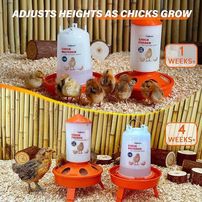 Eggluuz Chick Feeder and Waterer Kit, Top Fill 1.5kg Chick Feeder and 1.5L Chick Waterer with 3 Adjustable Heights