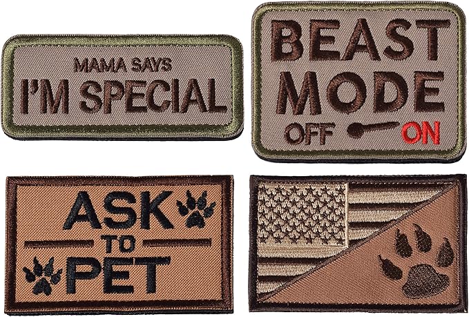 U-LIAN 4-Piece Dog Patch Set: Beast Mode On, Ask to Pet, US Flag, Mama Says I'm Special, Funny Hook & Loop Patches for Service Dogs & Multipurpose Use
