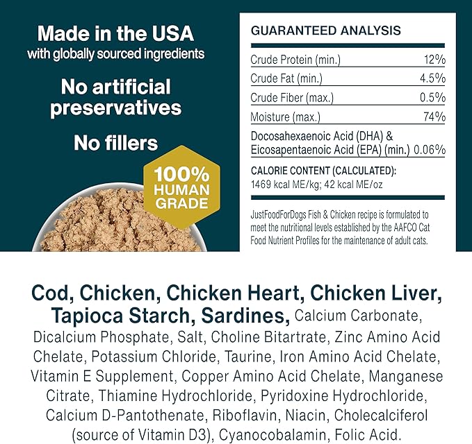 JustFoodForDogs Frozen Fresh Cat Food, Human Grade Wet Cat Food Pate, Fresh Pet Meals and Toppers, Grain Free, No Preservatives, High Protein, Limited Ingredient Gravy, Fish & Chicken 18oz - 7 Pack