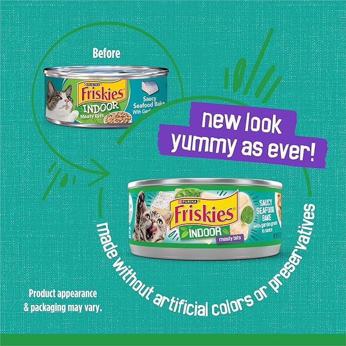 Purina Friskies Indoor Cat Food Meaty Bits Saucy Seafood Bake With Garden Greens in Sauce - (Pack of 24) 5.5 oz. Cans