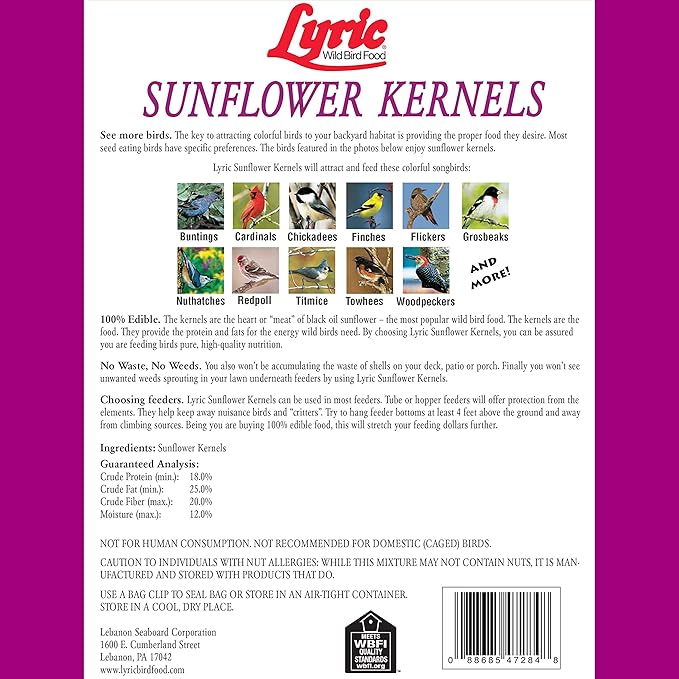 Lyric Sunflower Kernels Wild Bird Seed for Outside Feeders, No Waste Bird Food, Attracts Finches and More, 5 lb Bag