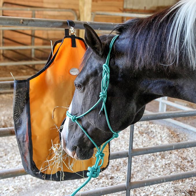 Majestic Ally 1200 D Hay Feeder Tote bag for Horses, Sheep with Reflective Trim- Reduces Waste - comes with 36” Hay Net. (Black)