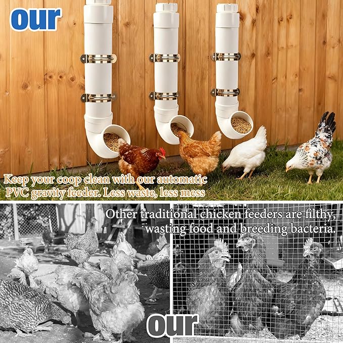 Homar 3pc Automatic PVC Chicken Feeder - No Waste, 6lb Large Capacity Heavy Duty Rat Proof PVC Pipe Tube Chicken Feeder for Coop Poultry Long Feeding