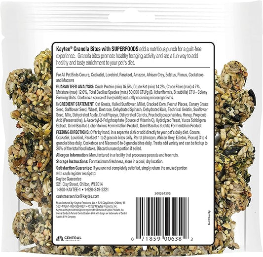 Kaytee Granola Bites with Super Foods Spinach and Kale for Pet Birds, Conure, Cockatiel, Lovebird, Parakeet, Amazon, African Grey, Ecletus, Pionus, Cockatoos and Macaws, 4.50 Ounce (Pack of 6)