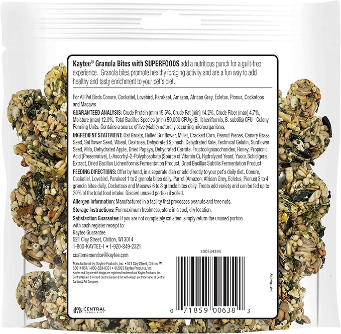 Kaytee Granola Bites with Super Foods Spinach and Kale for Pet Birds, Conure, Cockatiel, Lovebird, Parakeet, Amazon, African Grey, Ecletus, Pionus, Cockatoos and Macaws, 4.50 Ounce (Pack of 1)
