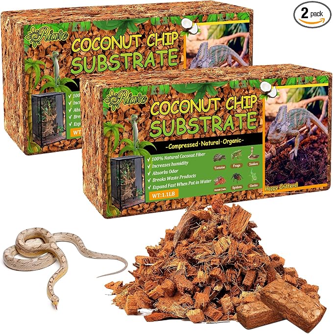 Riare 2 Pack Natural Coconut Chip Substrate for Reptiles- Compressed Coconut Husk Reptiles Bedding, Coco Husk Chip Terrarium Substrate for Snakes, Tortoises, Ball Python, Frogs, Bearded Dragon, Lizard
