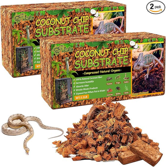 Riare 2 Pack Natural Coconut Chip Substrate for Reptiles- Compressed Coconut Husk Reptiles Bedding, Coco Husk Chip Terrarium Substrate for Snakes, Tortoises, Ball Python, Frogs, Bearded Dragon, Lizard