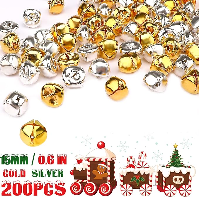 Augshy 200 Pieces Jingle Bells 3/5Inch Craft Bell Bulk for Christmas Home and Pet Decorations Xmas Decor Party Favors Supplies (Gold and Silver)