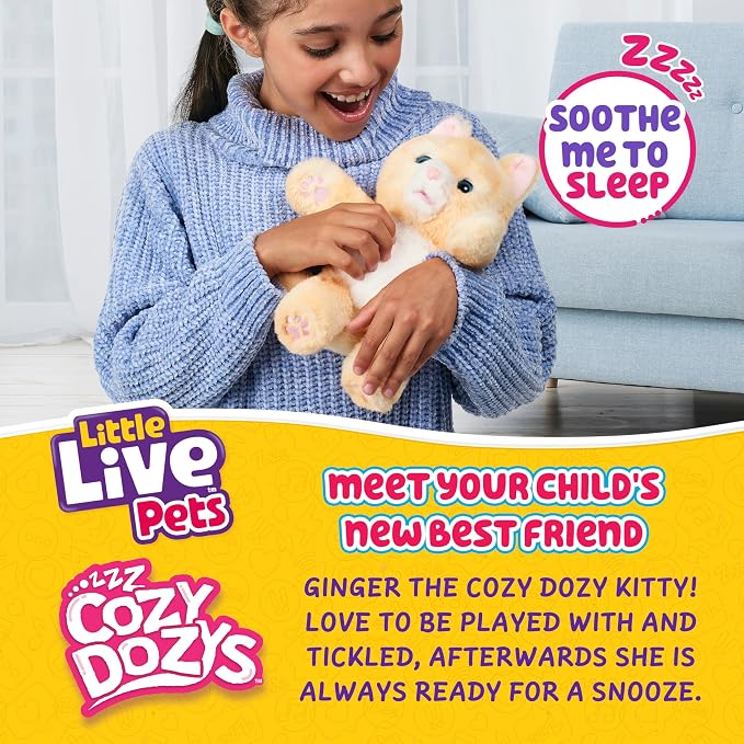 Little Live Pets Cozy Dozys Ginger The Pet Cat Toy, Interactive Plush Electronic Cat with 25+ Sounds, Soft Bedtime Kitty Toys for Kids of Ages 4+