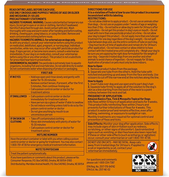 Amazon Basics Preventative Flea, Tick & Mosquito Topical Treatment for Large Dogs (21-55 Pounds), Kills Fleas, 4 Count, Packaging May Vary